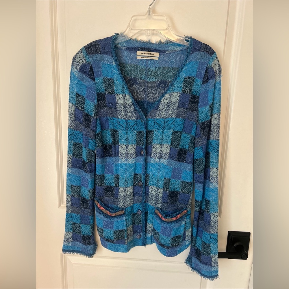 Aldo Martins Blue Patchwork Plaid Shirt Knit Cardigan Fringe Pockets Sz 6 Artsy